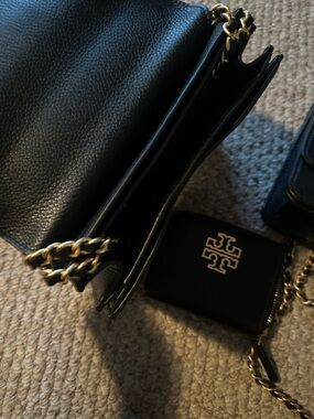 Tory Burch Black Pebbled Leather Chain and matching Wallet